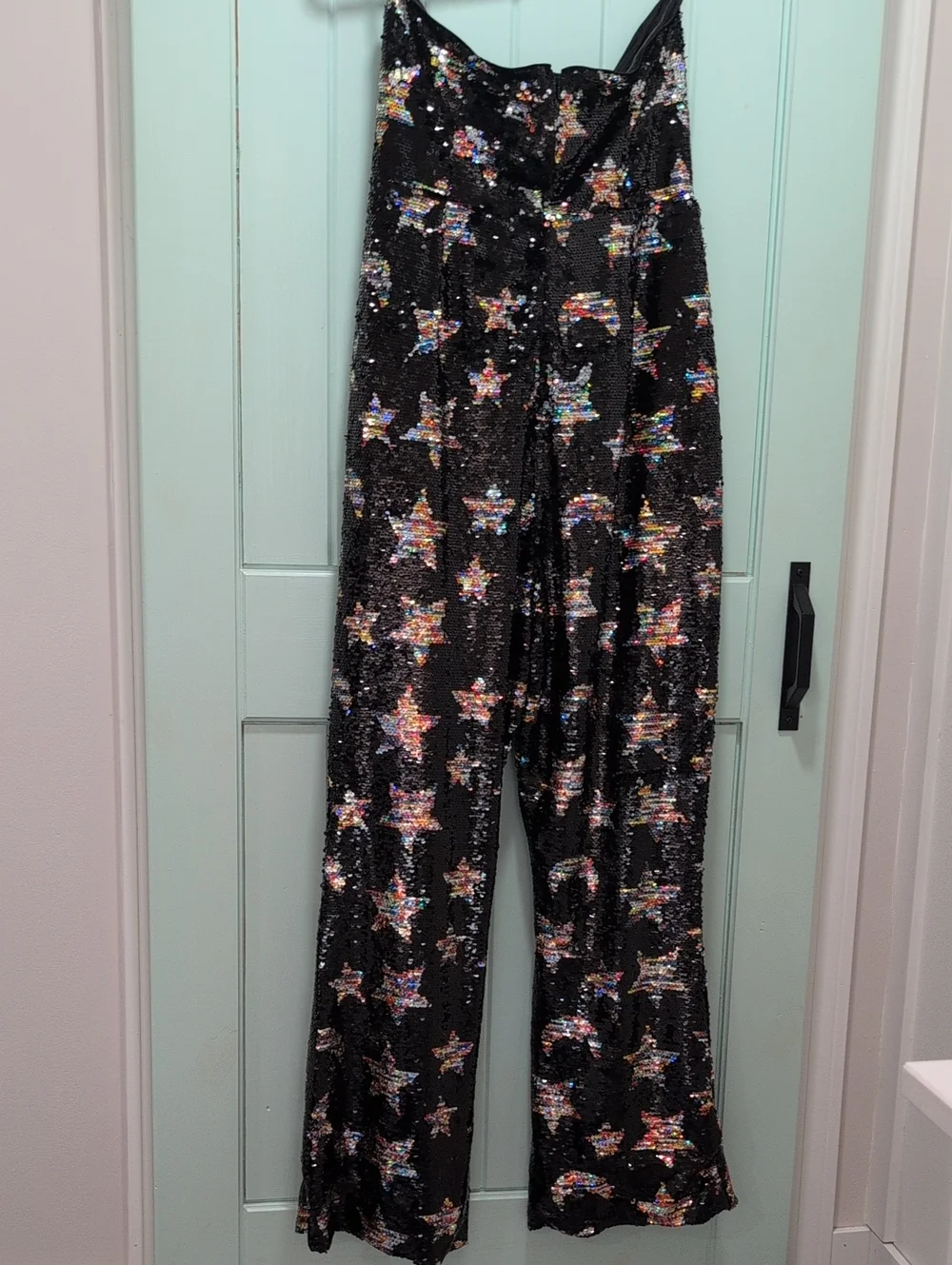 Nasty Gal Black Strapless Sequin Star Moon Flare Jumpsuit US SIZE 12 - Picture 6 of 6
